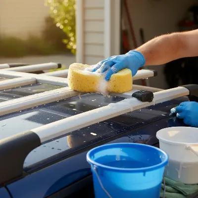 Man cleaning an aluminum roof rack with mild soap and sponge on a sunny day.