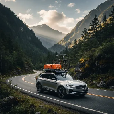 SUV driving on a scenic road with a properly loaded roof rack.
