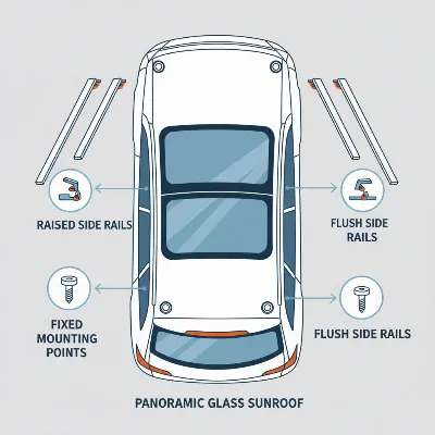 An illustrative diagram showing a car's roof with different types of roof rack mounting points – raised rails, flush rails, and fixed points – with a clear outline of a panoramic sunroof. Infographic style.