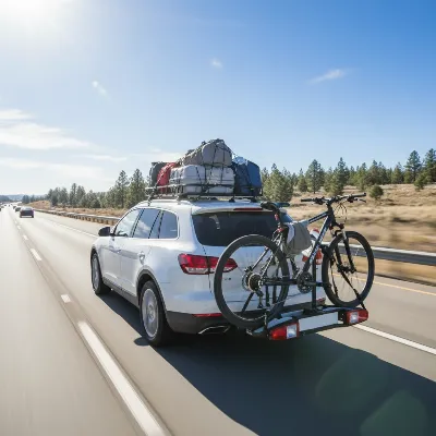 Car with a loaded roof rack driving on a highway, illustrating proper cargo securing