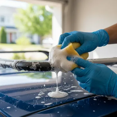Person gently cleaning a car roof rack with mild soap and a soft sponge.