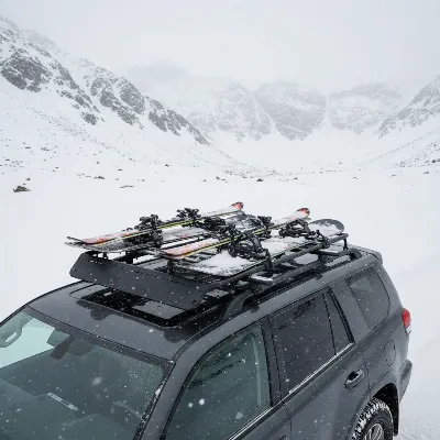An SUV with a crossbar roof rack system and ski/snowboard carriers mounted, carrying multiple pairs of skis and snowboards.
