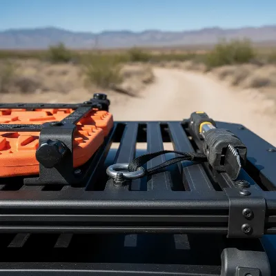 Close-up of Front Runner Slimline II T-slots with various accessories like tie-down points and recovery gear mounted, highlighting modularity.