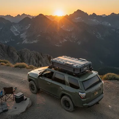 A rugged 4x4 vehicle with a heavy-duty roof rack supporting a large overland tent, parked in a scenic mountain landscape during sunset.