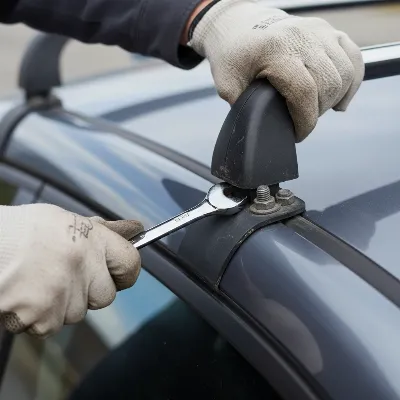 Person checking and tightening bolts on a roof rack.