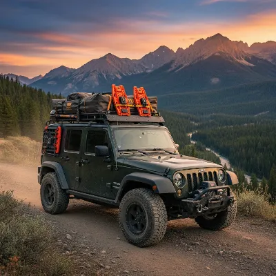 Jeep Wrangler with an aluminum roof rack loaded with camping gear, parked in a scenic mountain landscape during sunset