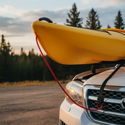 Secure bow and stern lines attached to a kayak and vehicle for safe transport.