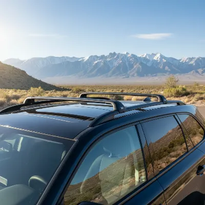 Malone AirFlow2 aerodynamic crossbars installed on a modern black SUV, parked outdoors with a mountain backdrop, low angle shot, bright natural light, realistic style