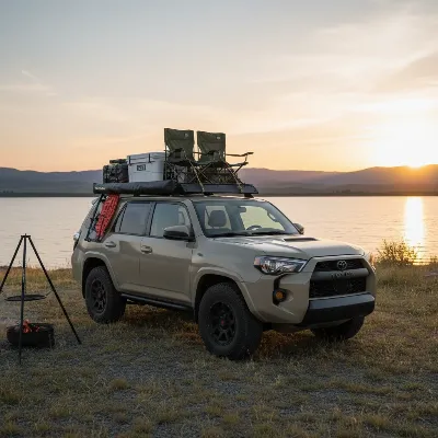 Prinsu Design Studio roof rack loaded with camping gear at a picturesque campsite