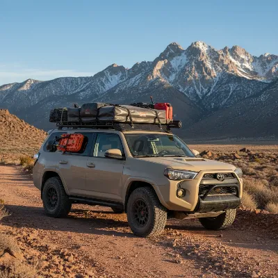Prinsu Design Studio roof rack on an off-road vehicle, fully loaded with adventure gear