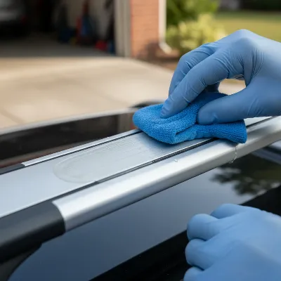 Applying a protective coating to an aluminum roof rack with a microfiber applicator.