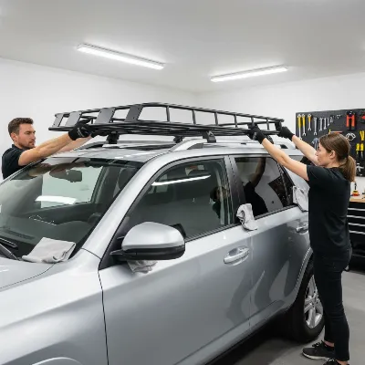 Two people carefully lifting a large roof rack off a car to prevent scratching.