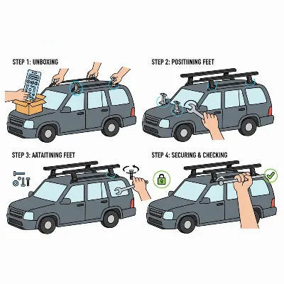 An infographic style diagram illustrating the step-by-step process of installing a roof rack on an SUV, showing components and attachment points clearly.