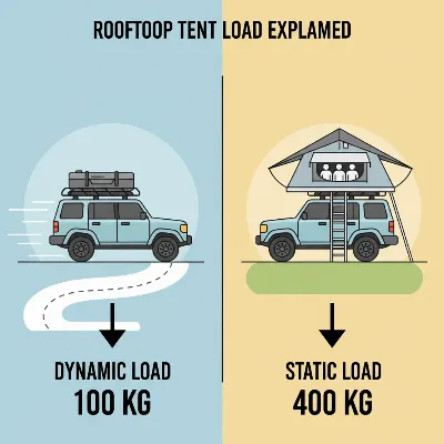 An infographic illustrating the difference between dynamic and static load limits for heavy-duty roof racks with an overland tent.
