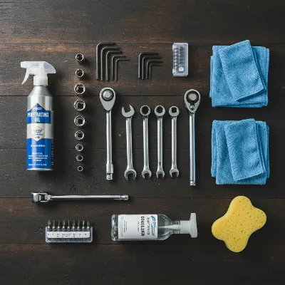 Essential tools for a scratch-free roof rack removal, including wrenches, penetrating oil, and cloths.