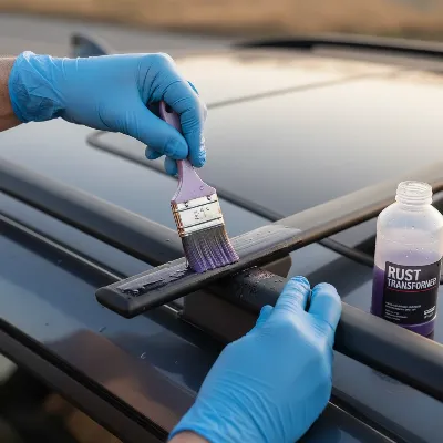 A person applying rust converter to a car roof rack after cleaning off surface rust.