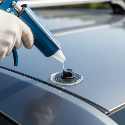 A detailed shot of a person applying a bead of silicone sealant around the base of a roof rack mounting bolt after installation on a car roof. 