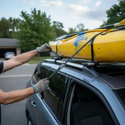 Expert demonstrates securing a kayak to a car roof rack with cam straps.