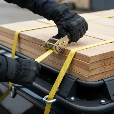 Close-up shot of hands properly securing lumber to a roof rack with a ratchet strap, highlighting safety and technique.