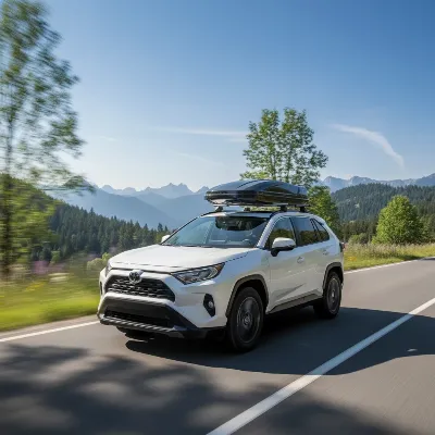 An SUV with a roof rack loaded with a cargo box, driving on a scenic open road under a clear sky, viewed from a slight low angle with motion blur indicating movement, realistic style.