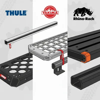 A visual collage showcasing the logos and distinctive elements of Thule, Yakima, and Rhino-Rack roof rack systems, with examples of their heavy-duty bars.